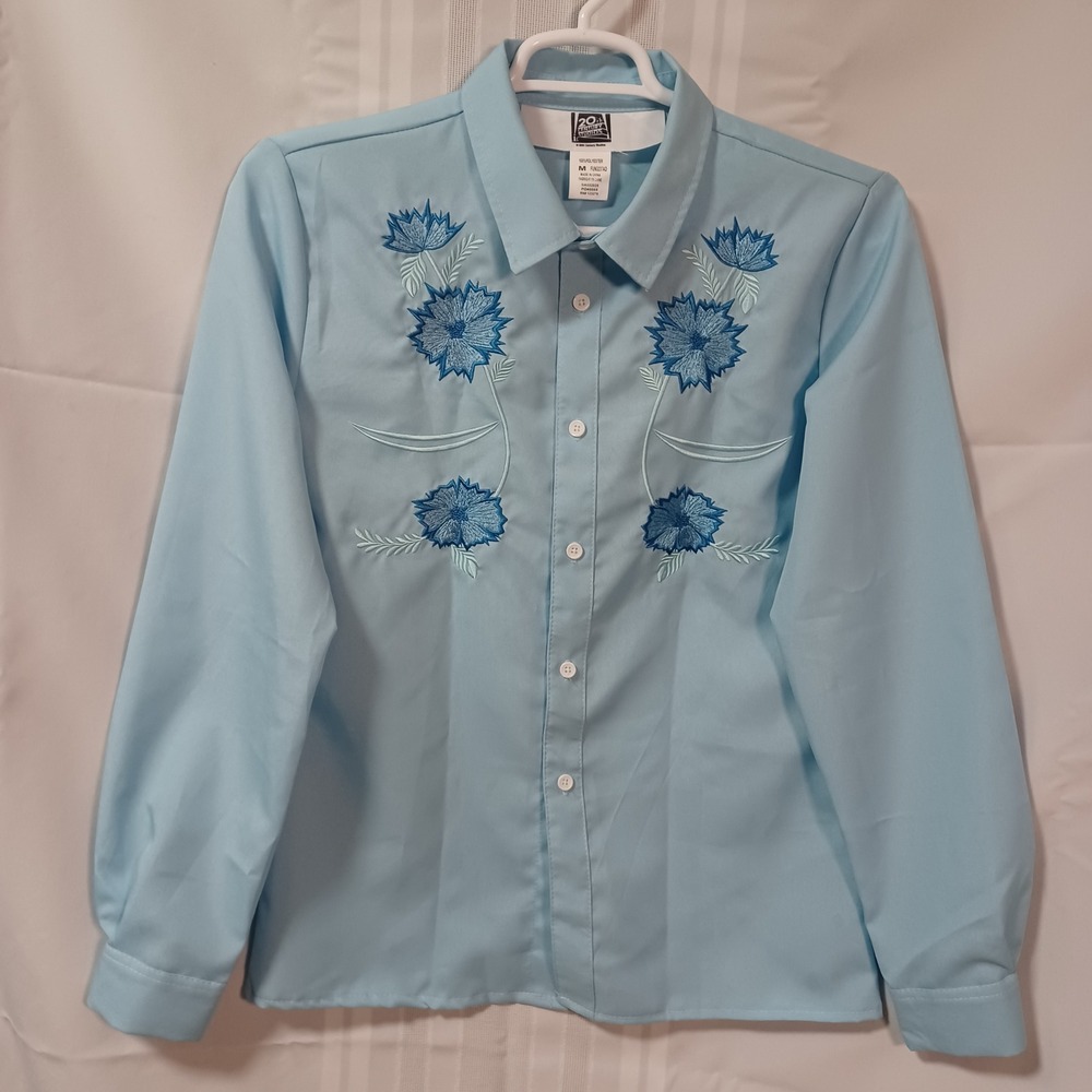 20th Century Studios Shirt Women M Blue Floral Embroidered Button Up Long Sleeve